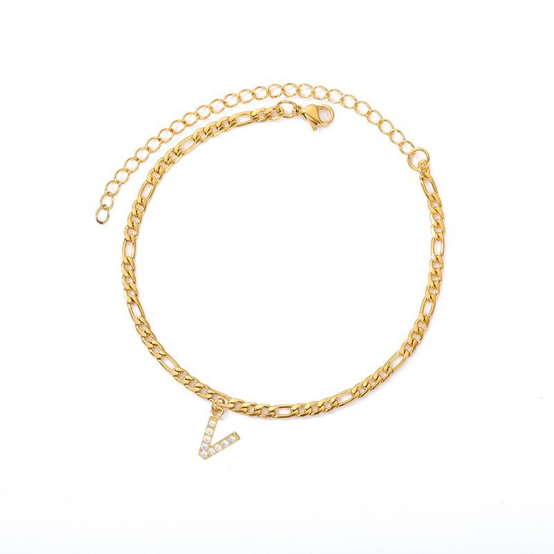 Gold Crystal Intial Anklet, Letter V.