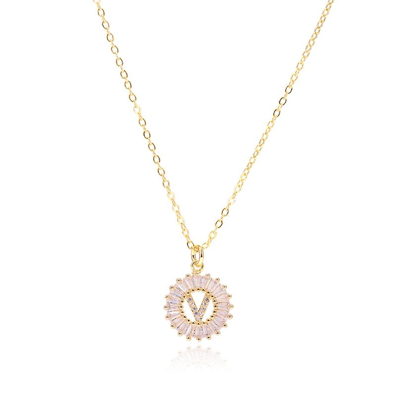 Gold Crystal Monogram Necklace, letter V.