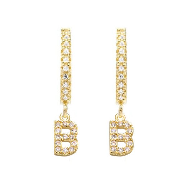 Gold CZ Pave Initial Huggies, letter B.