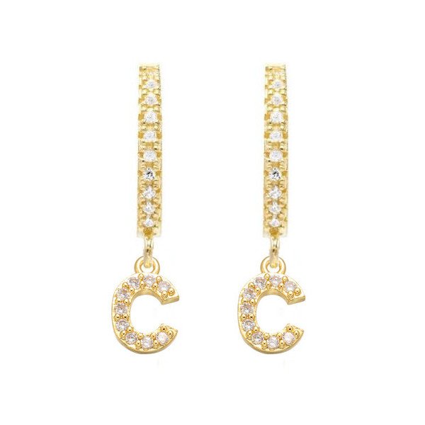 Gold CZ Pave Initial Huggies, letter C.