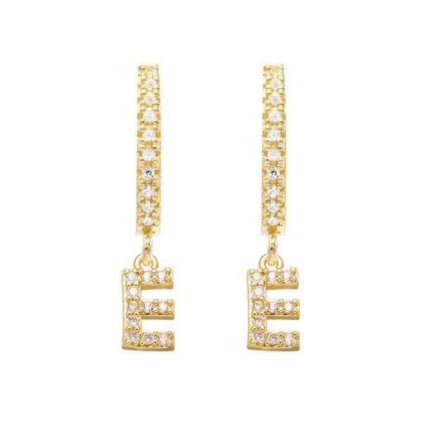 Gold CZ Pave Initial Huggies, letter E.