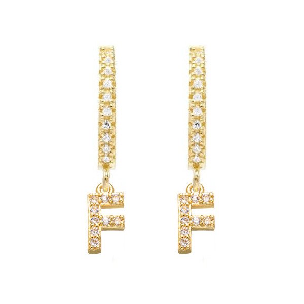 Gold CZ Pave Initial Huggies, letter F.