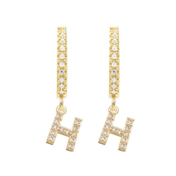 Gold CZ Pave Initial Huggies, letter H.