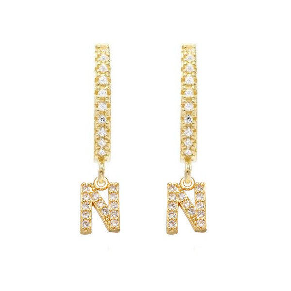 Gold CZ Pave Initial Huggies, letter N.