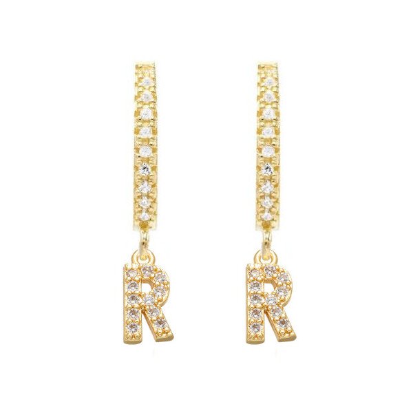 Gold CZ Pave Initial Huggies, letter R.