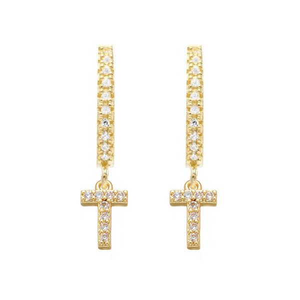 Gold CZ Pave Initial Huggies, letter T.