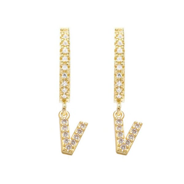 Gold CZ Pave Initial Huggies, letter V.