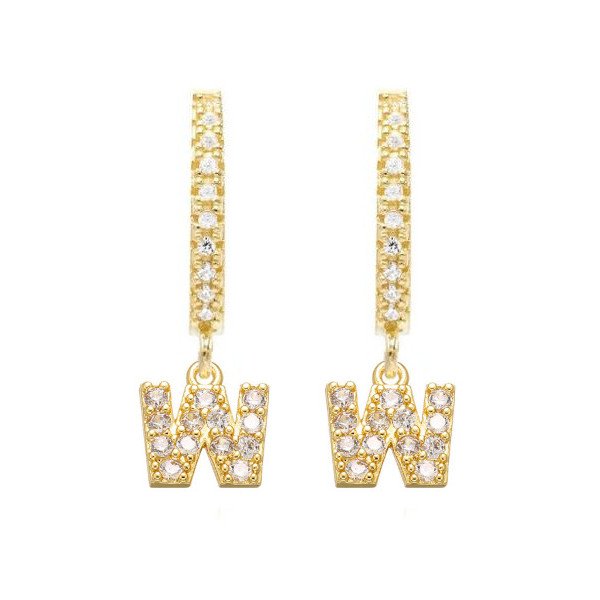 Gold CZ Pave Initial Huggies, letter W.