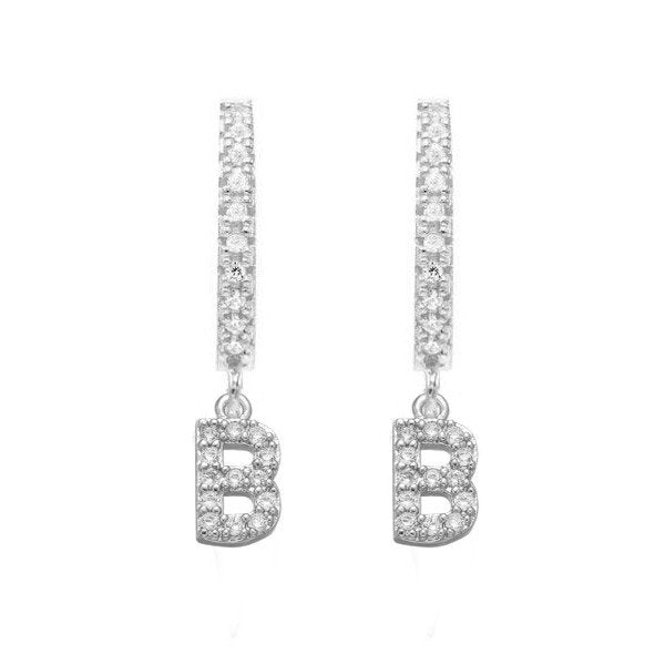 Silver CZ Pave Initial Huggies, letter B.