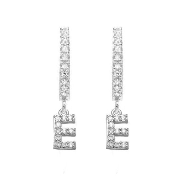 Silver CZ Pave Initial Huggies, letter E.