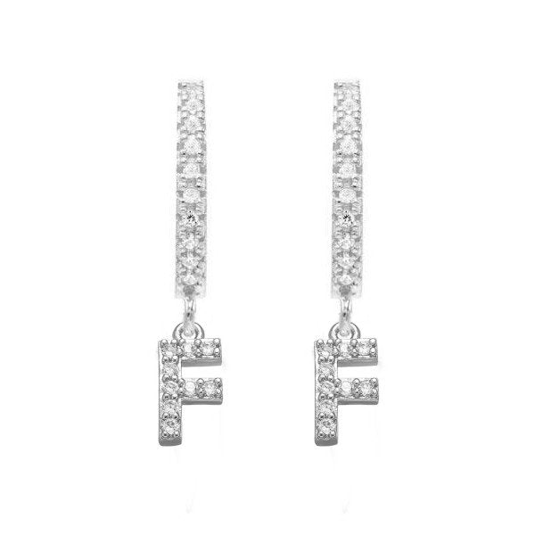 Silver CZ Pave Initial Huggies, letter F.