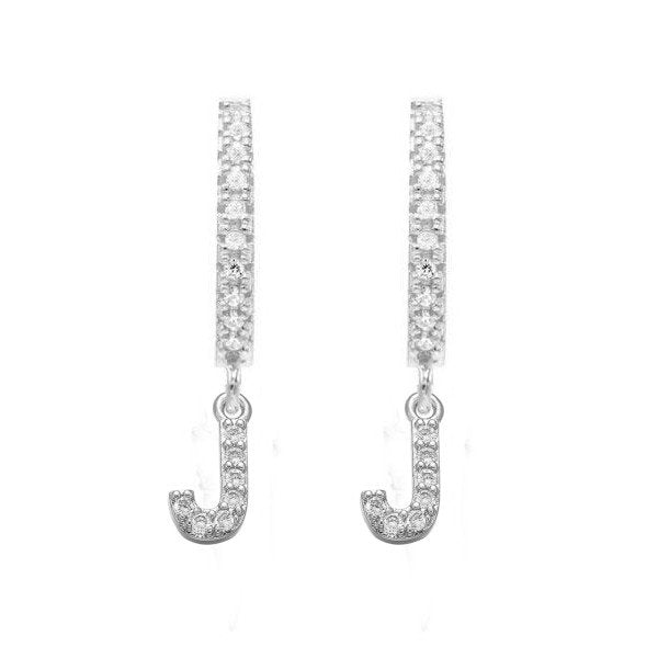Silver CZ Pave Initial Huggies, letter J.