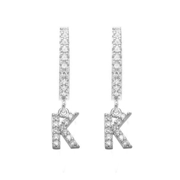 Silver CZ Pave Initial Huggies, letter K.