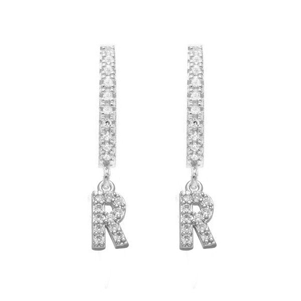 Silver CZ Pave Initial Huggies, letter R.