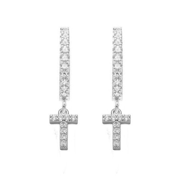 Silver CZ Pave Initial Huggies, letter T.