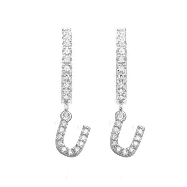 Silver CZ Pave Initial Huggies, letter U.