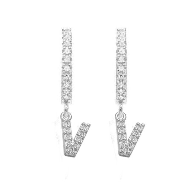 Silver CZ Pave Initial Huggies, letter V.