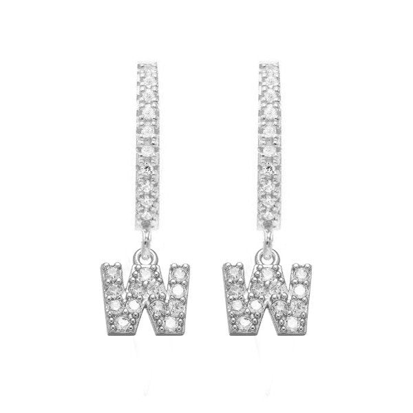 Silver CZ Pave Initial Huggies, letter W.