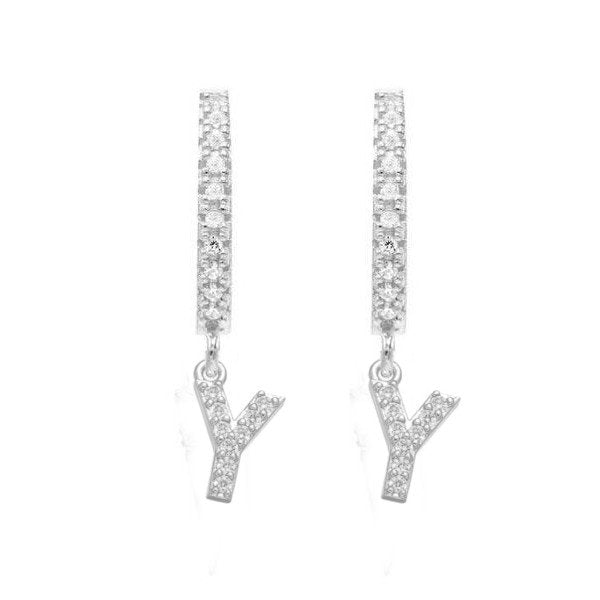 Silver CZ Pave Initial Huggies, letter Y.
