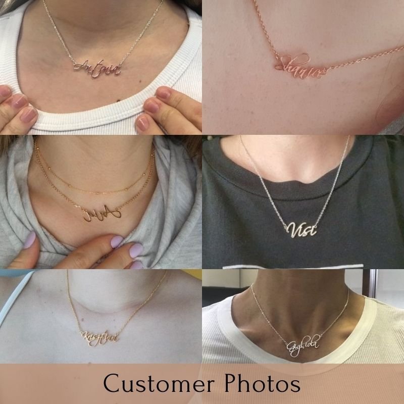 Image collage of customers wearing their Custom Name Necklace.