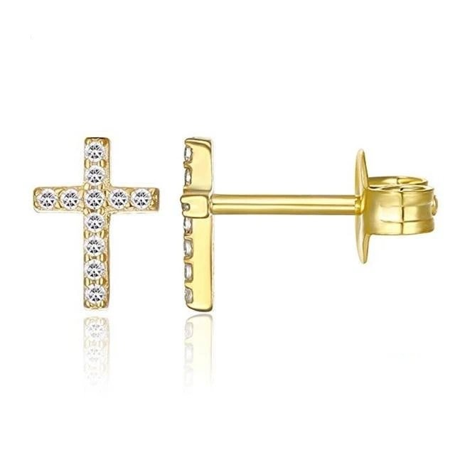 Gold CZ Pave Cross Studs.