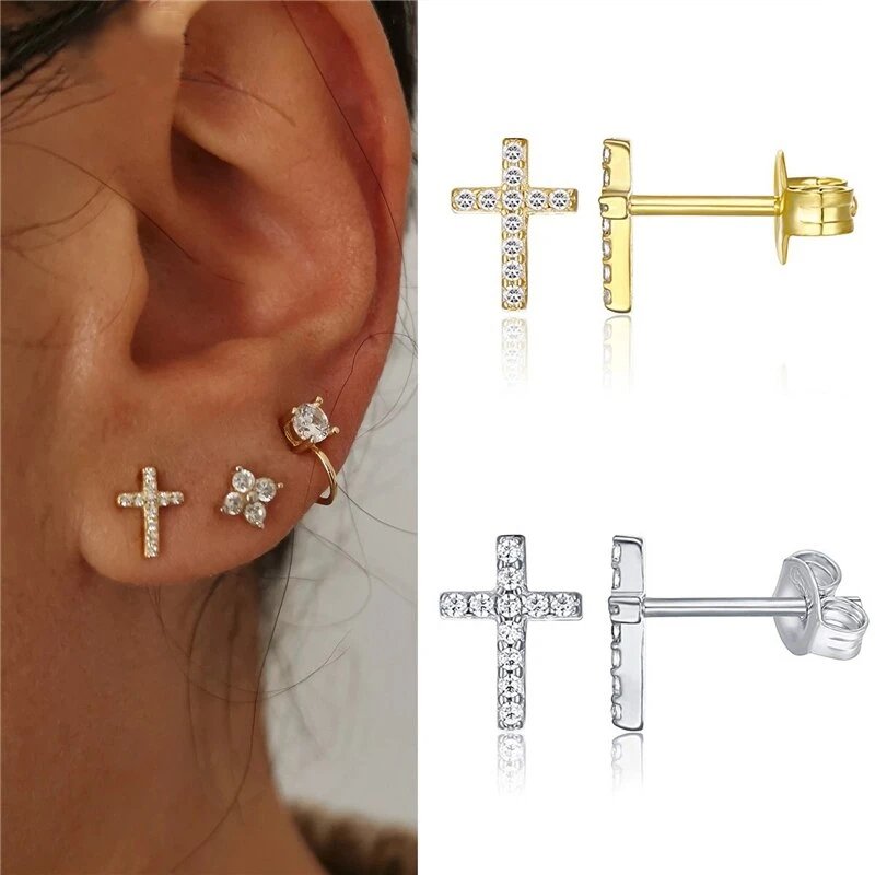 Gold and silver CZ Pave Cross Studs.