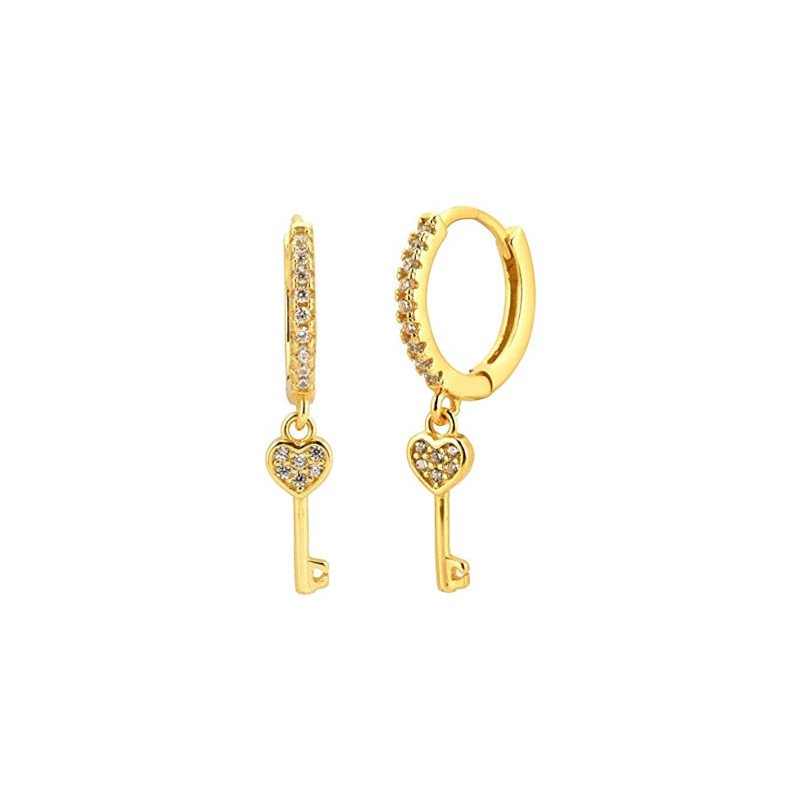 Gold CZ Pave Heart Key Huggies.