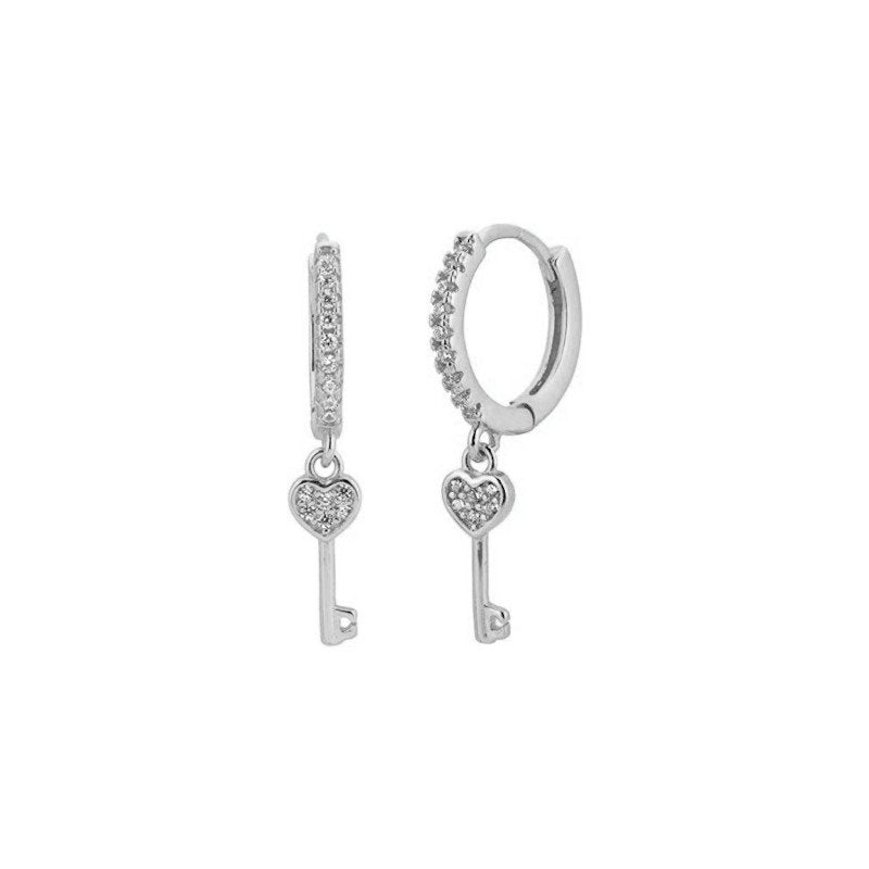 Silver CZ Pave Heart Key Huggies.