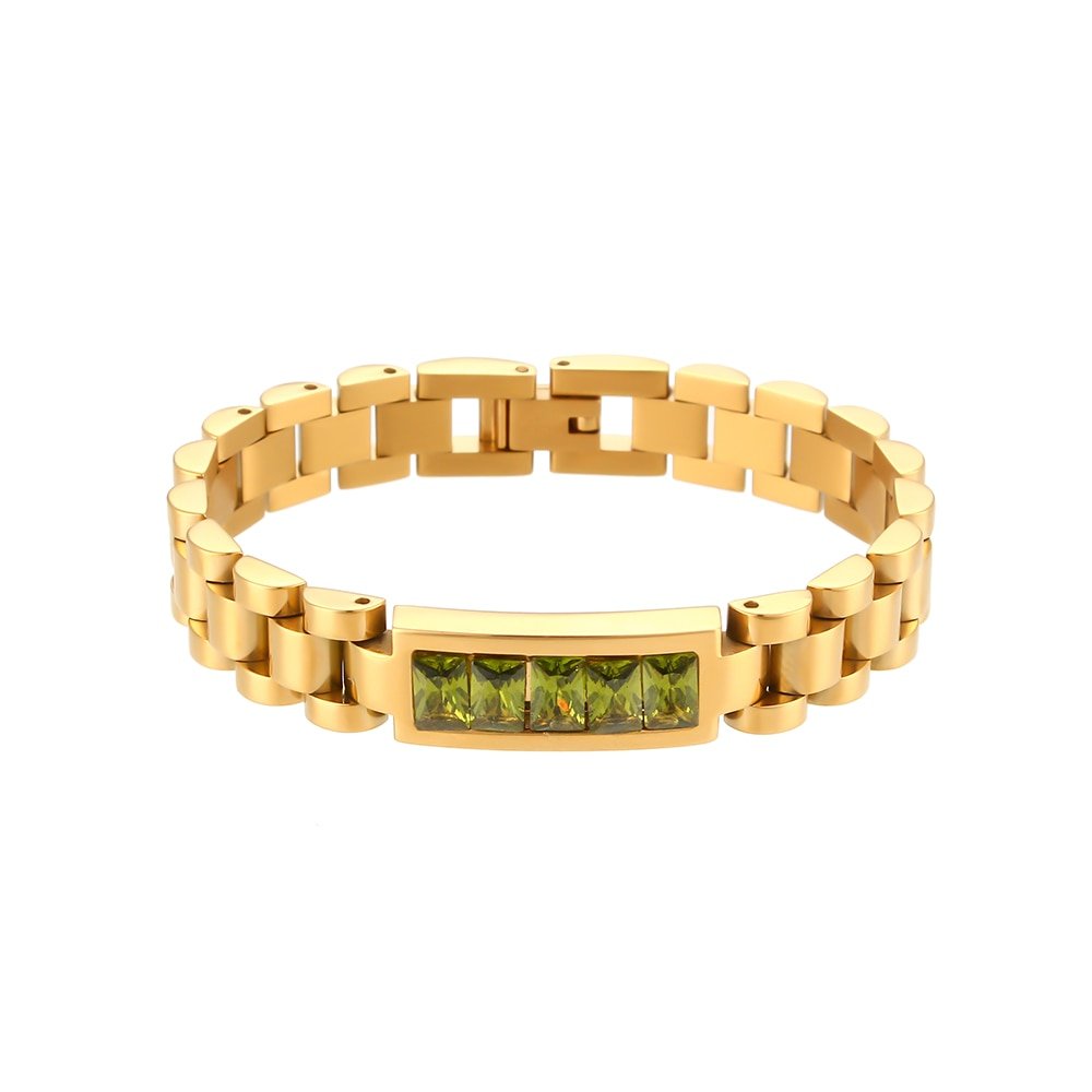Green CZ Watchband Gold Bracelet.