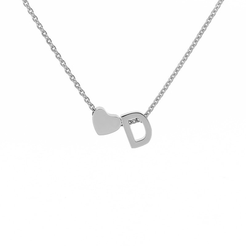 Silver Heart Initial Necklace, letter D.