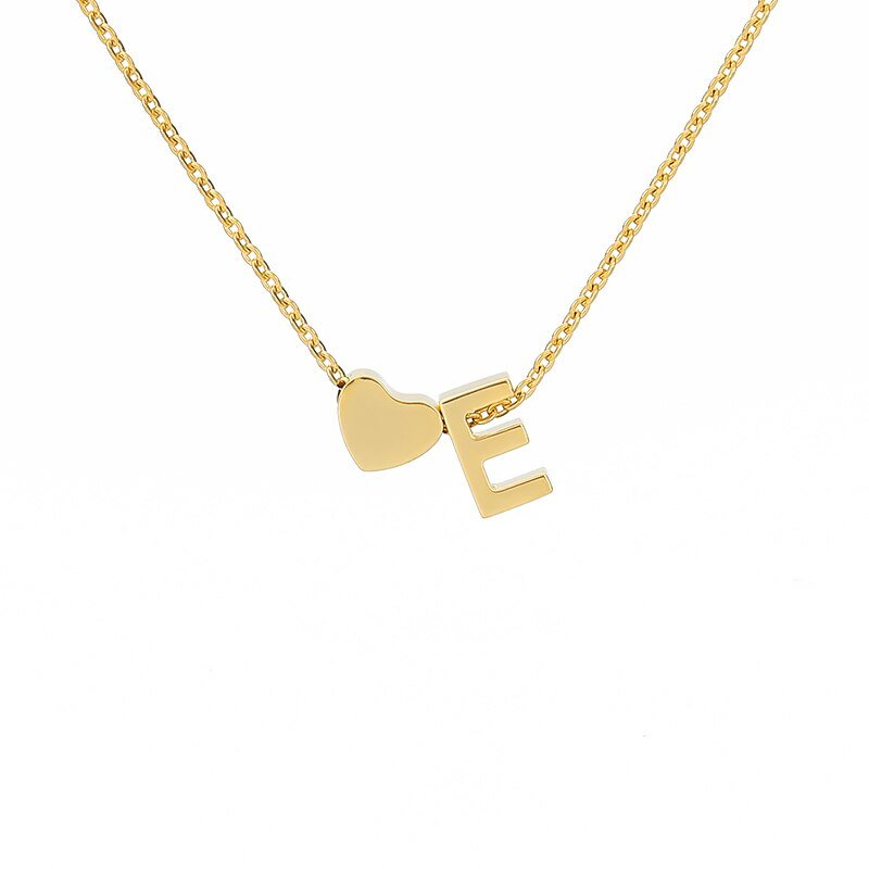 Gold Heart Initial Necklace, letter E.