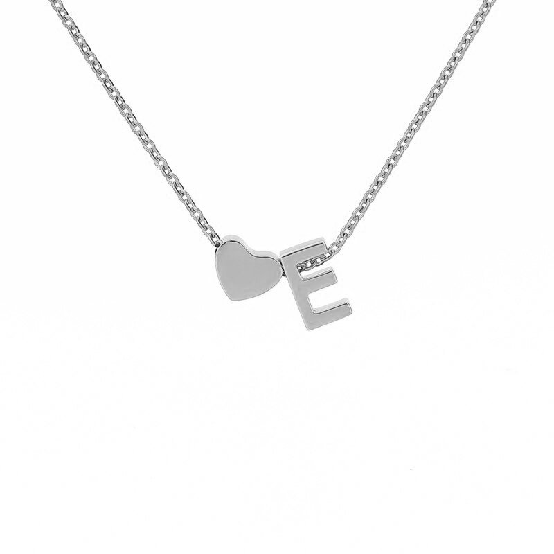 Silver Heart Initial Necklace, letter E.