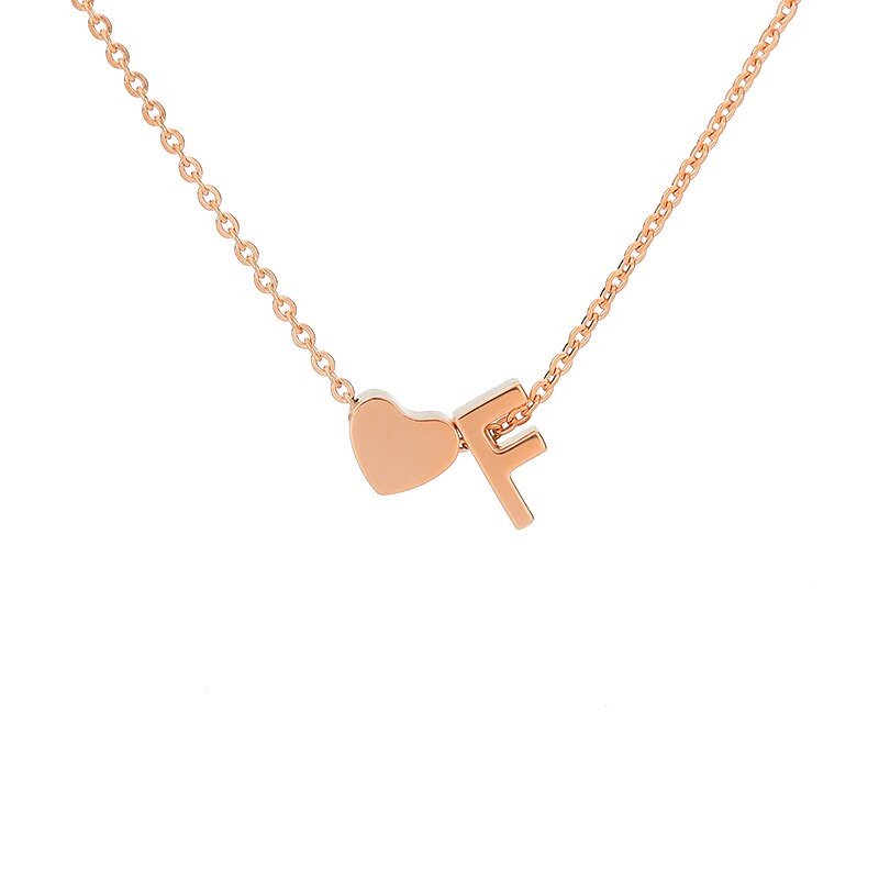 Rose Gold Heart Initial Necklace, letter F.
