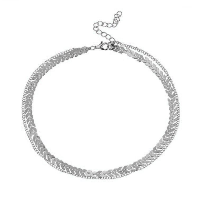 Silver Fishbone Choker Layering Necklace Set.