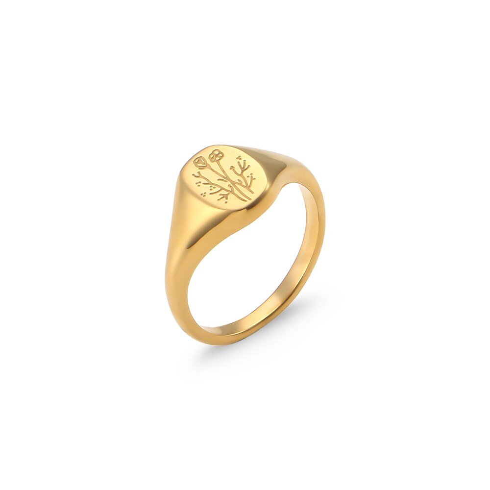 Gold Floral Signet Ring with wildflowers engraved.