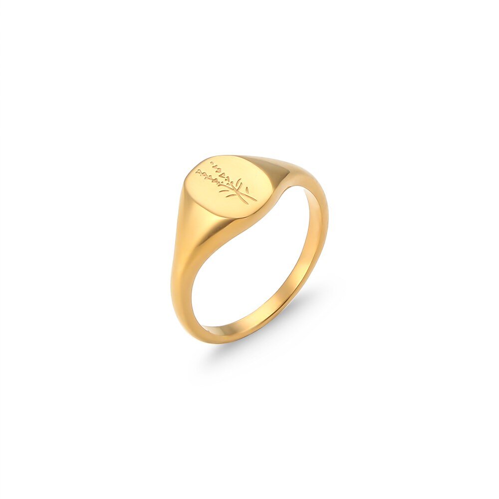 Gold Floral Signet Ring with Lavender engraved.