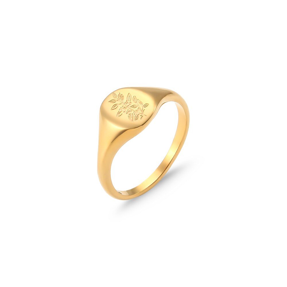 Laurel leaves engraved on a gold signet ring.