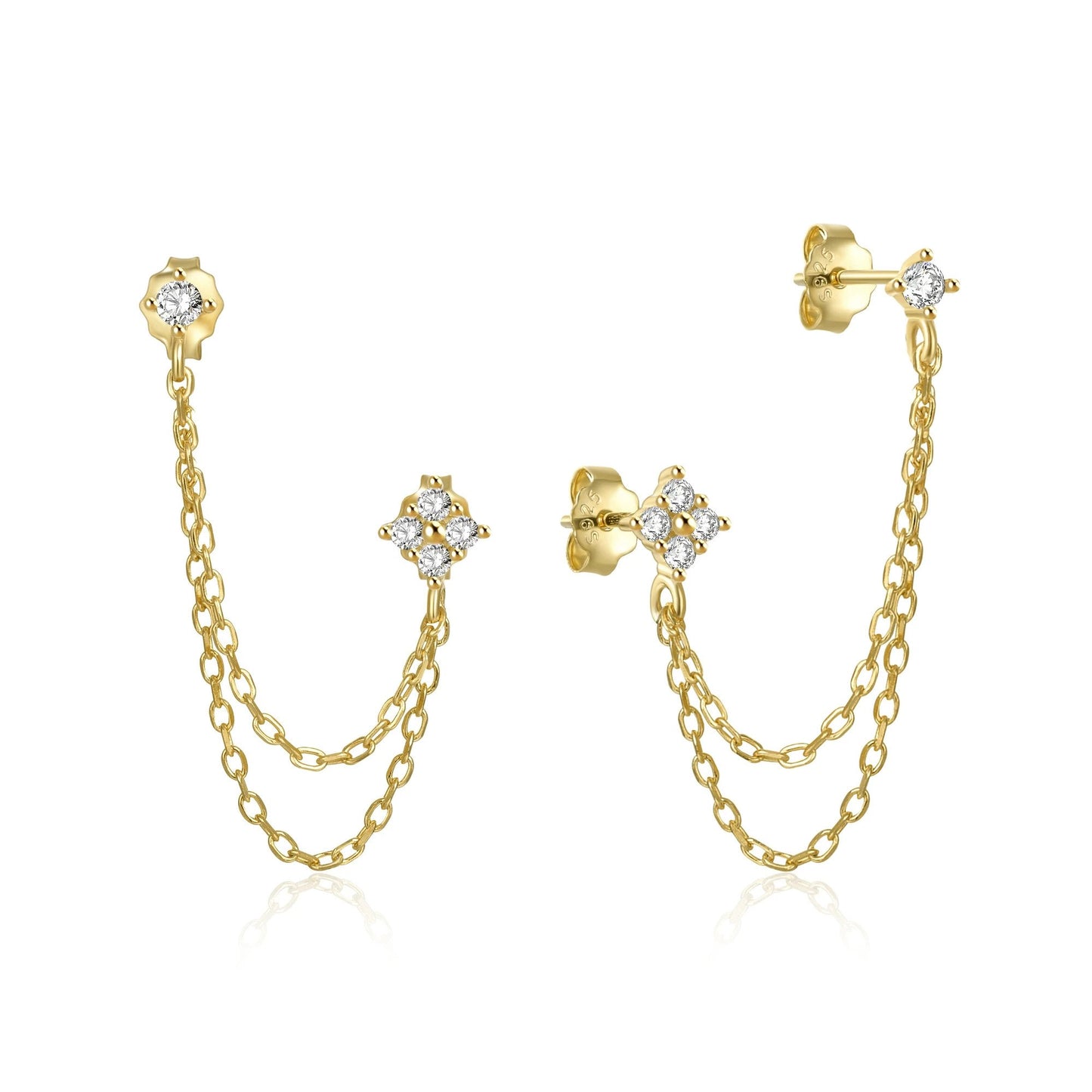 Gold Flower Double Stud Chain Earrings.