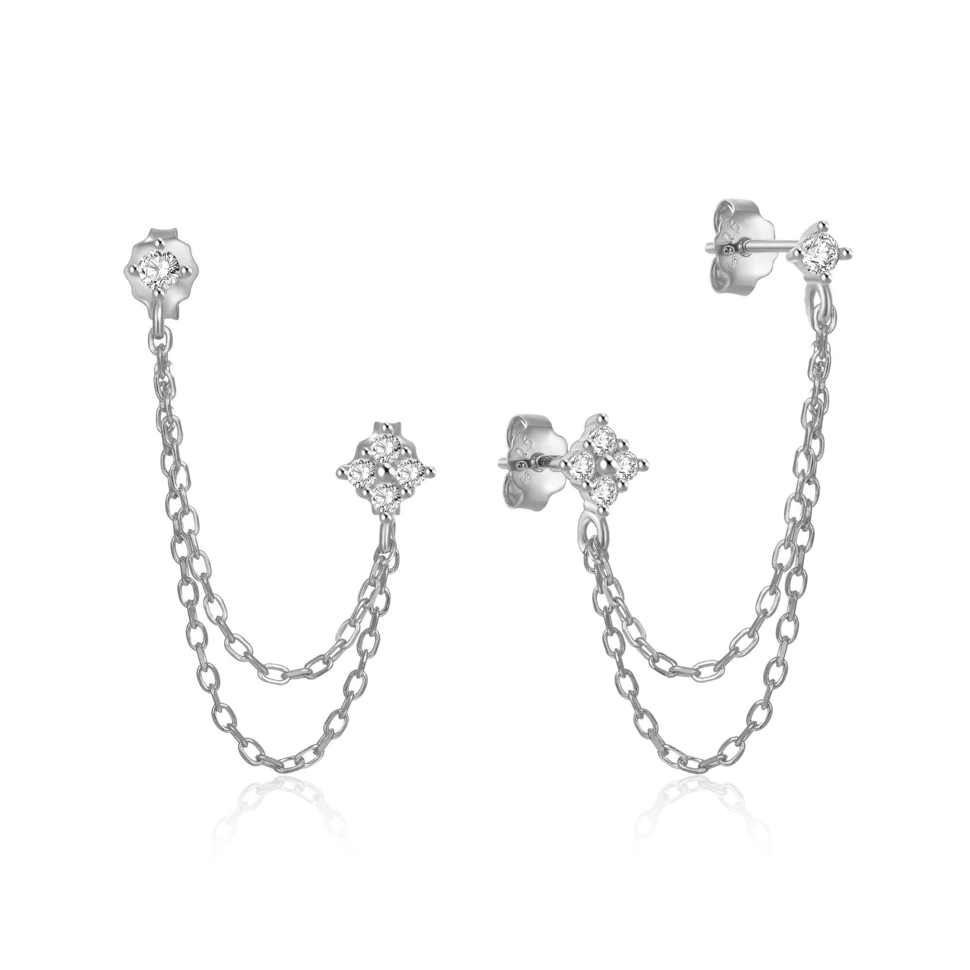 Silver Flower Double Stud Chain Earrings.