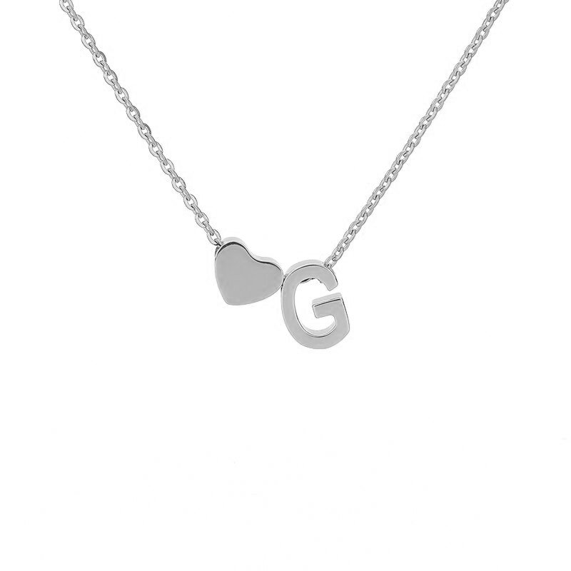 Silver Heart Initial Necklace, letter G.