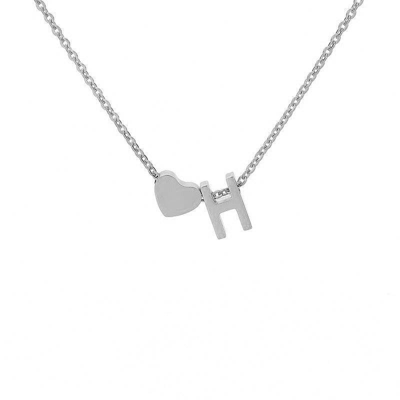 Silver Heart Initial Necklace, letter H.
