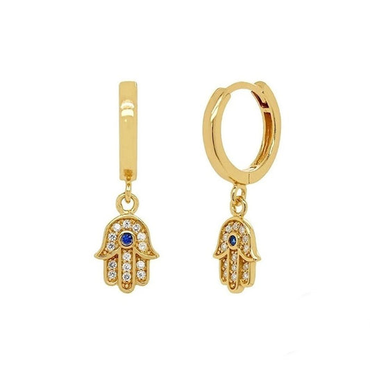 Hamsa Hand CZ Huggies in gold.