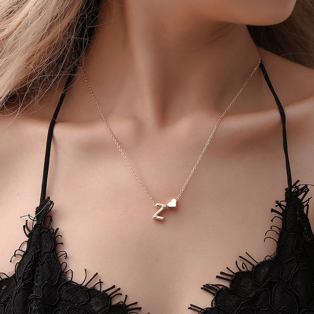 Inez Initial Heart Necklace With Diamond - 14K Solid Gold - Oak & Luna
