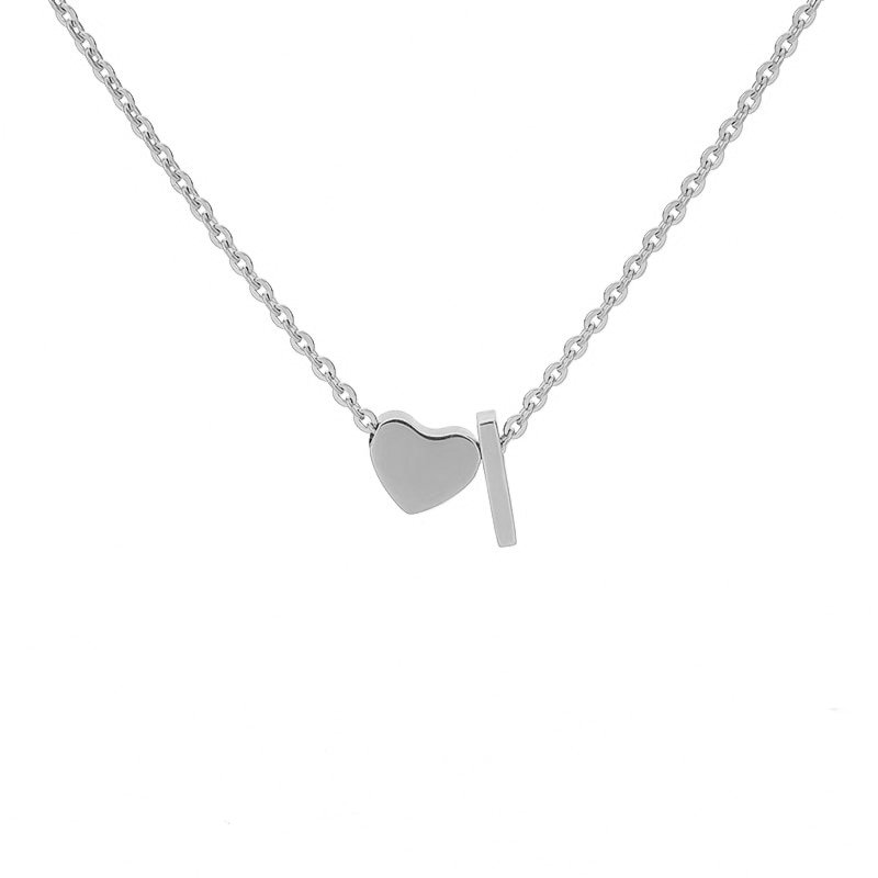 Silver Heart Initial Necklace, letter I.