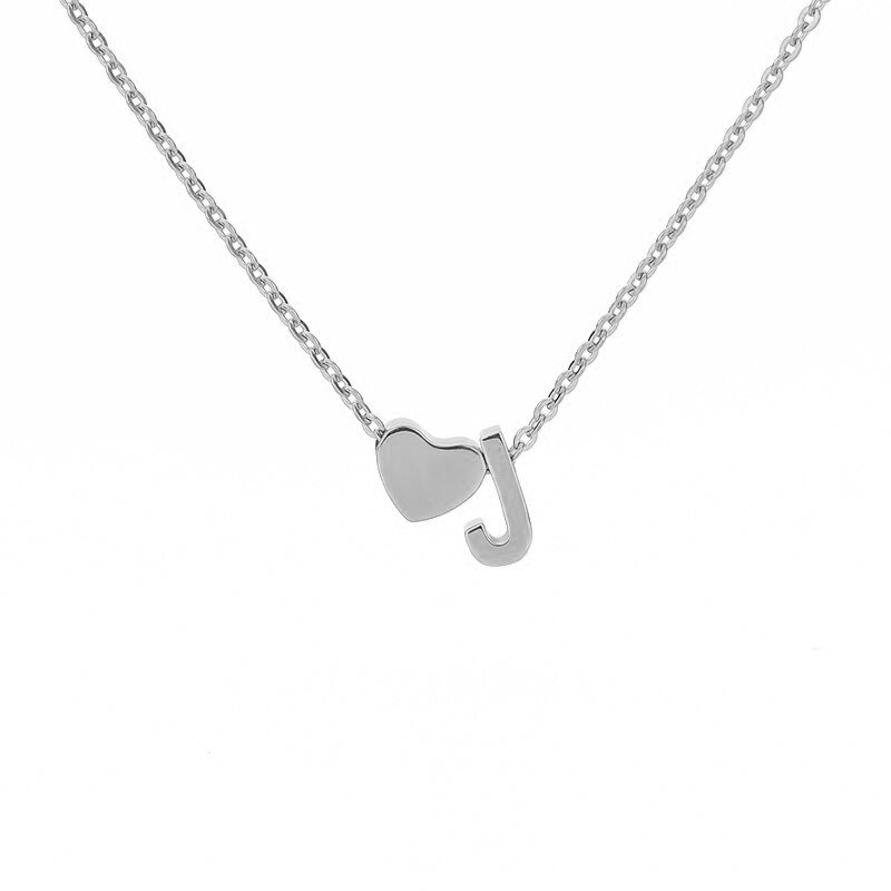 Silver Heart Initial Necklace, letter J.