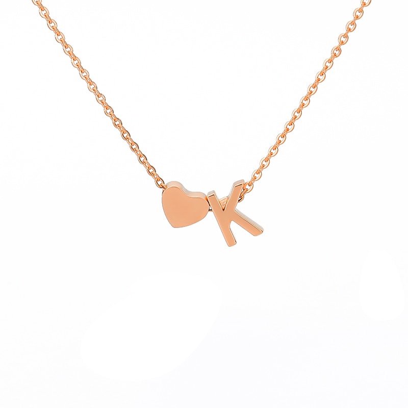 Rose Gold Heart Initial Necklace, letter K.