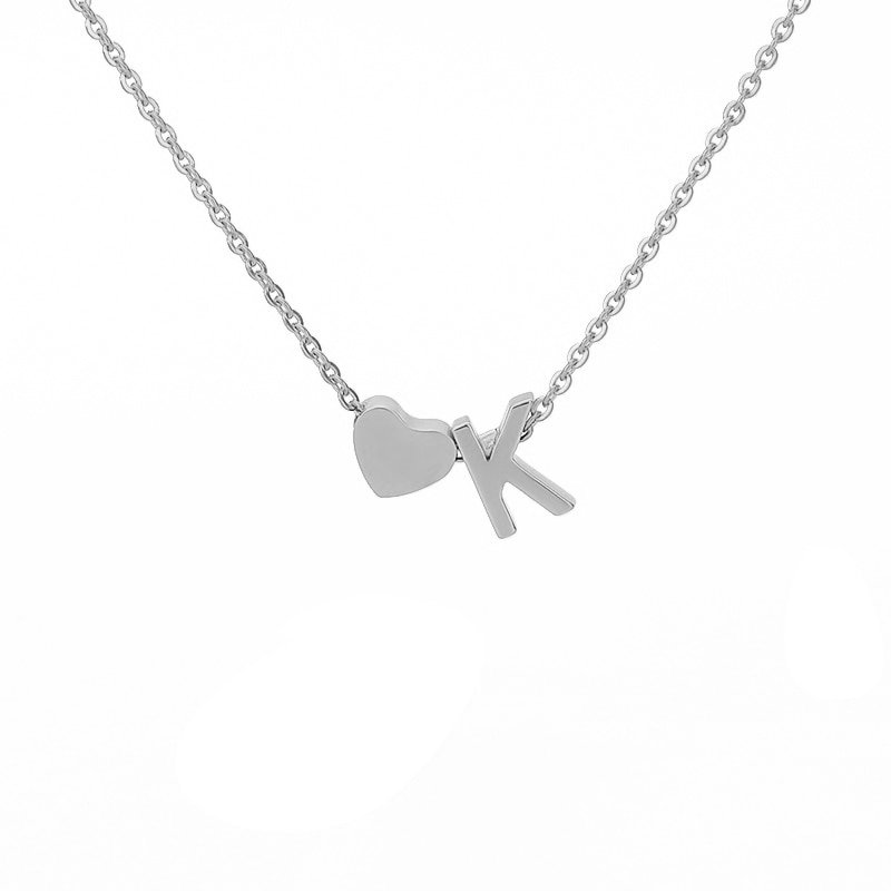 Silver Heart Initial Necklace, letter K.
