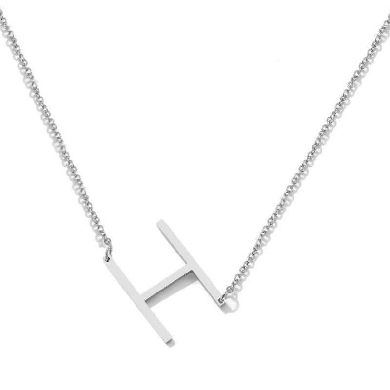 Silver Large Asymmetrical Initial Necklace, letter H.