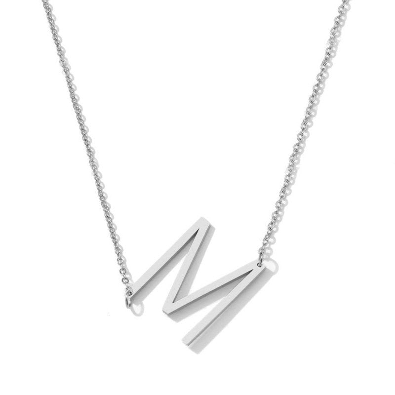 Silver Large Asymmetrical Initial Necklace, letter M.