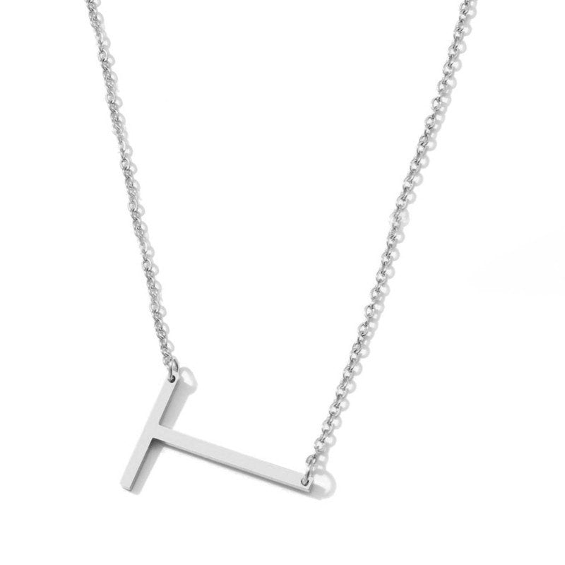 Silver Large Asymmetrical Initial Necklace, letter T.